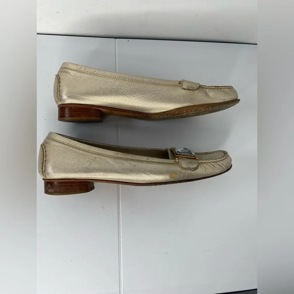 Stuart Weiztman Gold Metallic Womens Loafers w Decorative Crystal Hardware